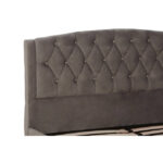 LAYA Grey Kingsize Bed with grey hopsack fabric, arched diamond-tufted headboard, and studded trim for a refined and modern bedroom look.