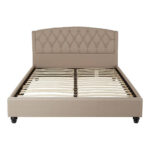 LAYA Beige Kingsize Bed with arched tufted headboard, beige hopsack upholstery, and stud detailing for a refined and contemporary bedroom design.