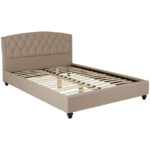 LAYA Beige Kingsize Bed with arched tufted headboard, beige hopsack upholstery, and stud detailing for a refined and contemporary bedroom design.