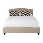 LAYA Beige Kingsize Bed with arched tufted headboard, beige hopsack upholstery, and stud detailing for a refined and contemporary bedroom design.