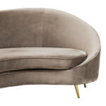 CYRUS mink three seater sofa with sculptural silhouette, upholstered in soft velvet with deep foam cushioning and matte black metal legs, combining modern elegance with comfort.