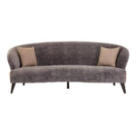 ALDO three-seat grey velvet sofa with oatmeal-toned sides and back, rounded armrests, curved seat front, and slim black pine wood legs for a modern and elegant look.