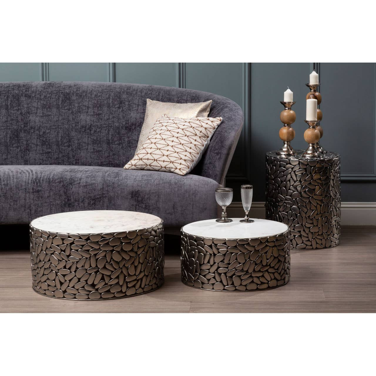 ALDO three-seat grey velvet sofa with oatmeal-toned sides and back, rounded armrests, curved seat front, and slim black pine wood legs for a modern and elegant look.