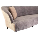 ALDO three-seat grey velvet sofa with oatmeal-toned sides and back, rounded armrests, curved seat front, and slim black pine wood legs for a modern and elegant look.