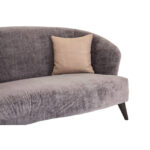 ALDO three-seat grey velvet sofa with oatmeal-toned sides and back, rounded armrests, curved seat front, and slim black pine wood legs for a modern and elegant look.