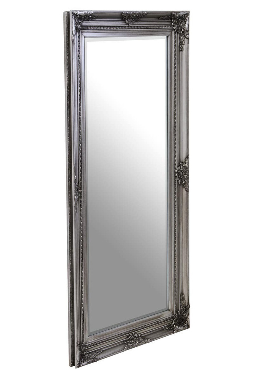LORO Silver Ornate Wall Mirror – tall wall mirror with sleek silver wooden frame, modern reflective accent.