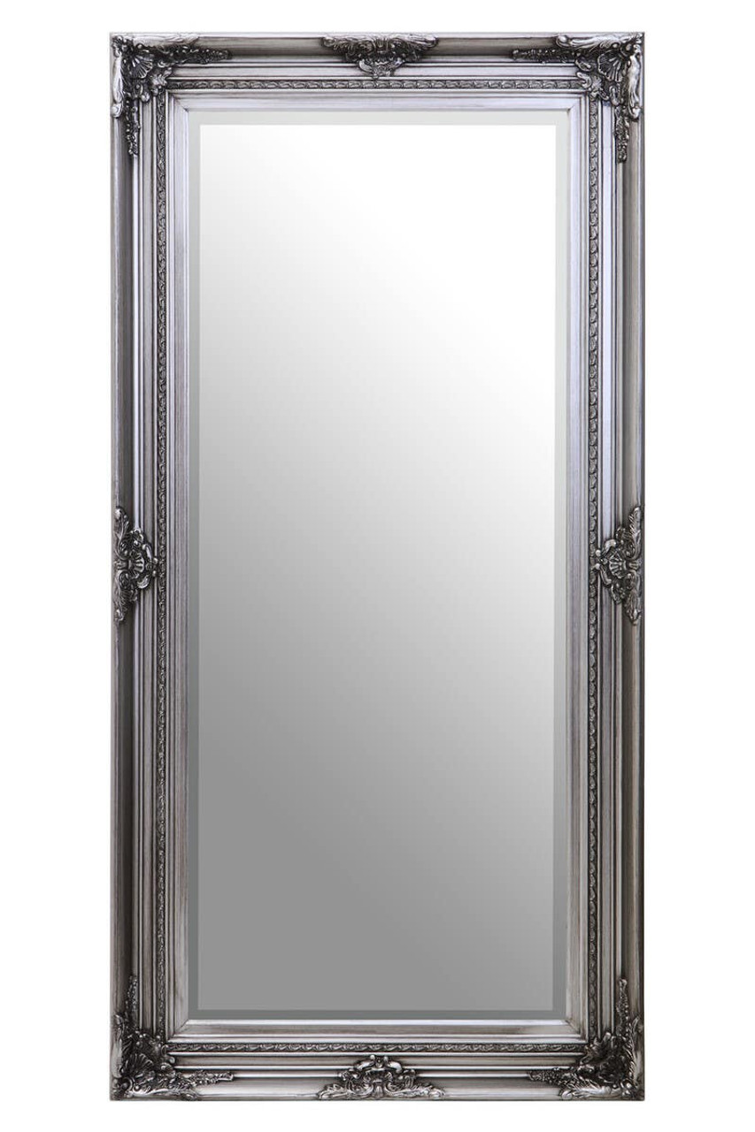 LORO Silver Ornate Wall Mirror – tall wall mirror with sleek silver wooden frame, modern reflective accent.