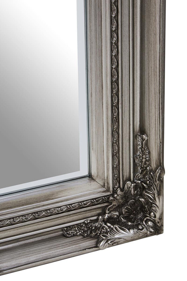LORO Silver Ornate Wall Mirror – tall wall mirror with sleek silver wooden frame, modern reflective accent.