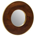 OLIVÉ Circular Mangowood Mirror – round hammered wood frame with gold detailing, modern wall mirror.