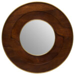 OLIVÉ Circular Mangowood Mirror – round hammered wood frame with gold detailing, modern wall mirror.