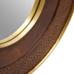 OLIVÉ Circular Mangowood Mirror – round hammered wood frame with gold detailing, modern wall mirror.