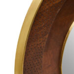 OLIVÉ Circular Mangowood Mirror – round hammered wood frame with gold detailing, modern wall mirror.