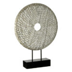ELEMENT Round Silver Wooden Sculpture made from renewable mango wood with carved grid texture, silver and black finish, mounted on a black stand.
