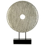 ELEMENT Round Silver Wooden Sculpture made from renewable mango wood with carved grid texture, silver and black finish, mounted on a black stand.