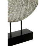 ELEMENT Round Silver Wooden Sculpture made from renewable mango wood with carved grid texture, silver and black finish, mounted on a black stand.