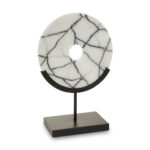 LIMA Marble Sculpture in circular design, crafted from white marble with black veining, mounted on a black iron base for a modern, elegant look.