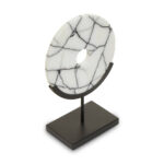 LIMA Marble Sculpture in circular design, crafted from white marble with black veining, mounted on a black iron base for a modern, elegant look.