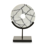 LIMA Marble Sculpture in circular design, crafted from white marble with black veining, mounted on a black iron base for a modern, elegant look.