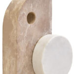 SANTINO Marble Sculpture with chocolate D-shaped marble form featuring a cut-out, anchored by a white round marble piece for a modern abstract decorative accent.