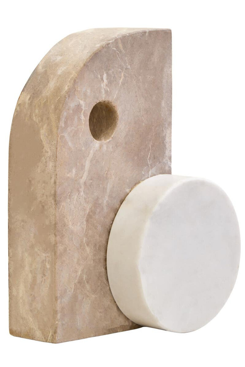 SANTINO Marble Sculpture with chocolate D-shaped marble form featuring a cut-out, anchored by a white round marble piece for a modern abstract decorative accent.