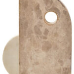 SANTINO Marble Sculpture with chocolate D-shaped marble form featuring a cut-out, anchored by a white round marble piece for a modern abstract decorative accent.