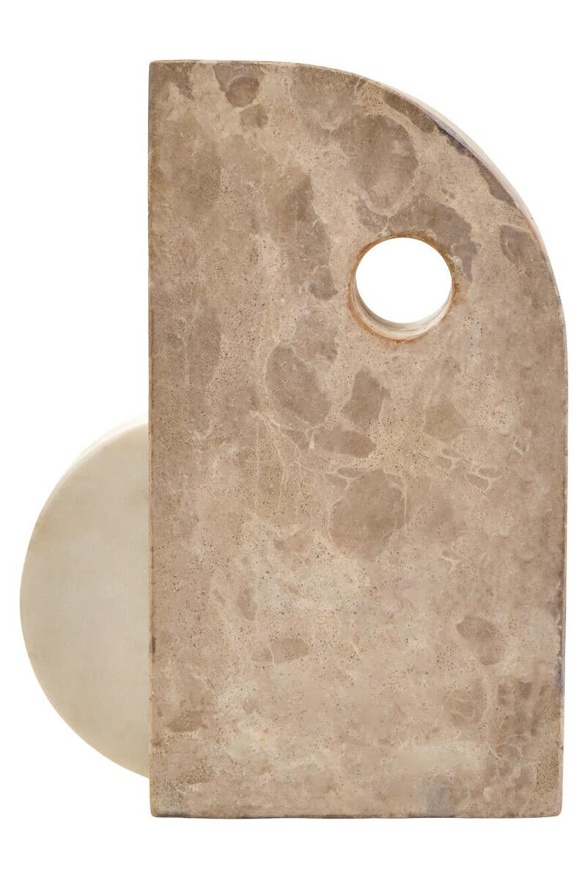 SANTINO Marble Sculpture with chocolate D-shaped marble form featuring a cut-out, anchored by a white round marble piece for a modern abstract decorative accent.