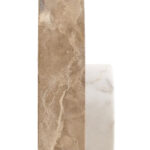 SANTINO Marble Sculpture with chocolate D-shaped marble form featuring a cut-out, anchored by a white round marble piece for a modern abstract decorative accent.