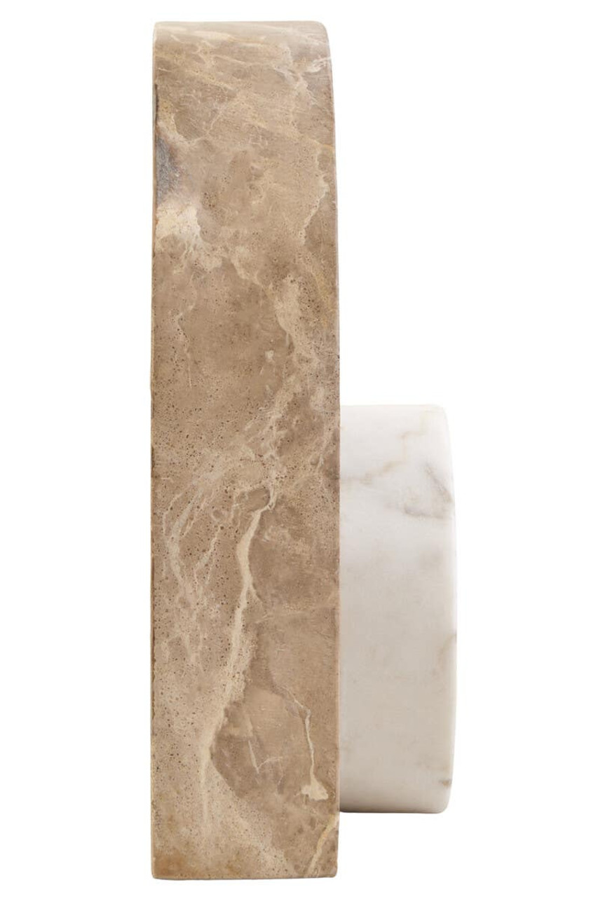 SANTINO Marble Sculpture with chocolate D-shaped marble form featuring a cut-out, anchored by a white round marble piece for a modern abstract decorative accent.