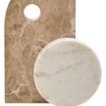 SANTINO Marble Sculpture with chocolate D-shaped marble form featuring a cut-out, anchored by a white round marble piece for a modern abstract decorative accent.