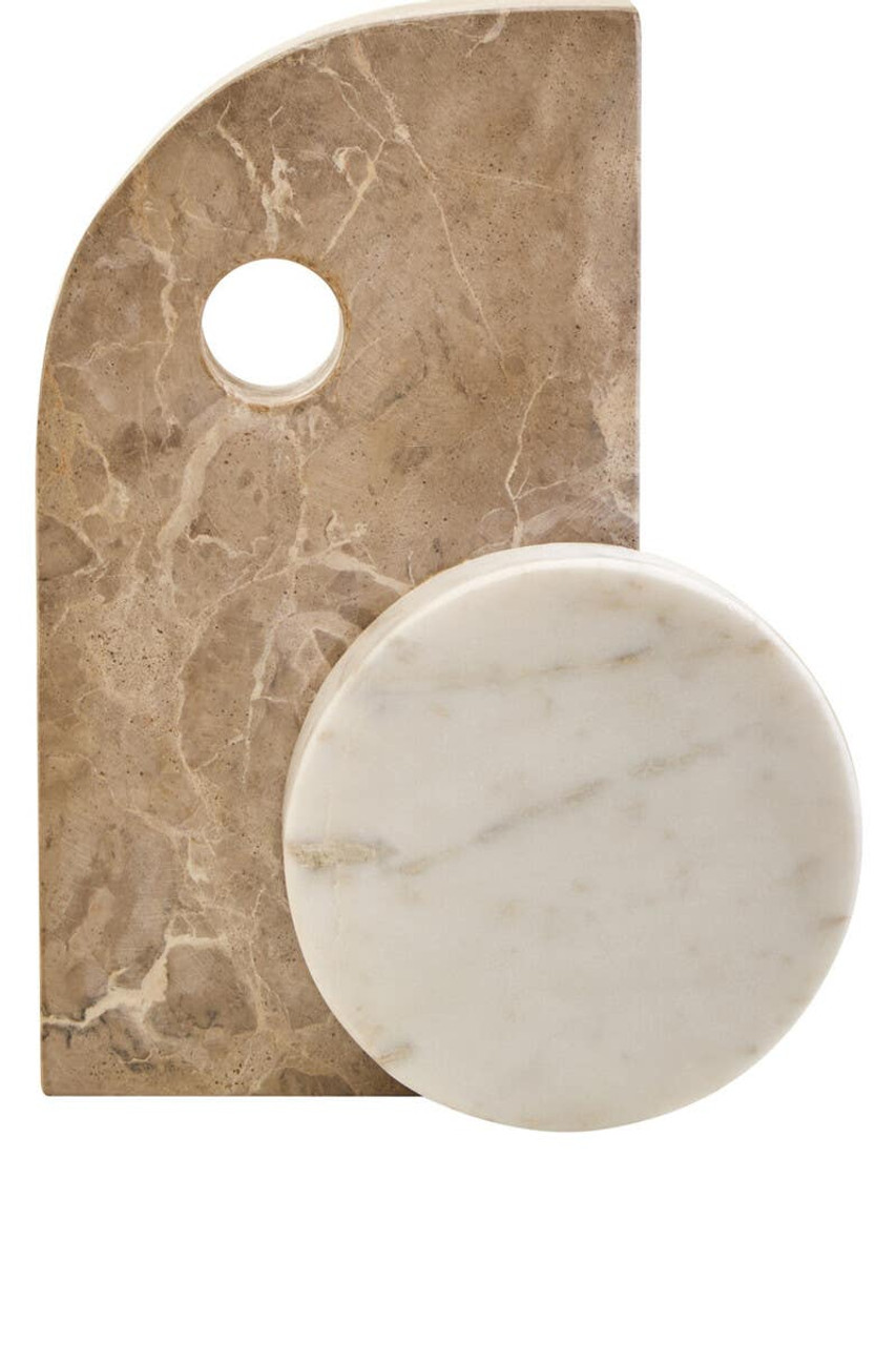 SANTINO Marble Sculpture with chocolate D-shaped marble form featuring a cut-out, anchored by a white round marble piece for a modern abstract decorative accent.