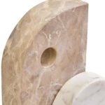 SANTINO Marble Sculpture with chocolate D-shaped marble form featuring a cut-out, anchored by a white round marble piece for a modern abstract decorative accent.