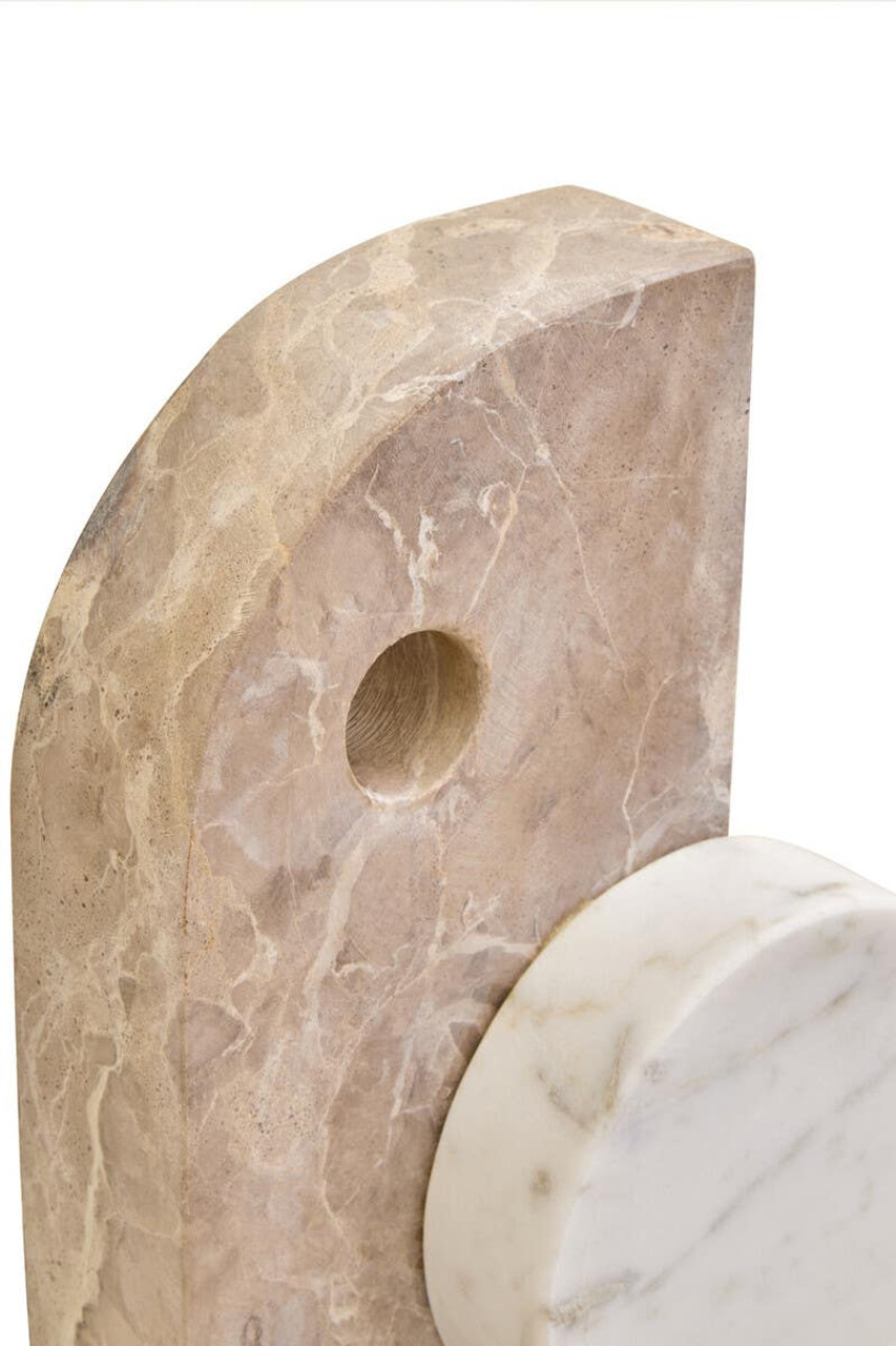 SANTINO Marble Sculpture with chocolate D-shaped marble form featuring a cut-out, anchored by a white round marble piece for a modern abstract decorative accent.