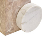 SANTINO Marble Sculpture with chocolate D-shaped marble form featuring a cut-out, anchored by a white round marble piece for a modern abstract decorative accent.