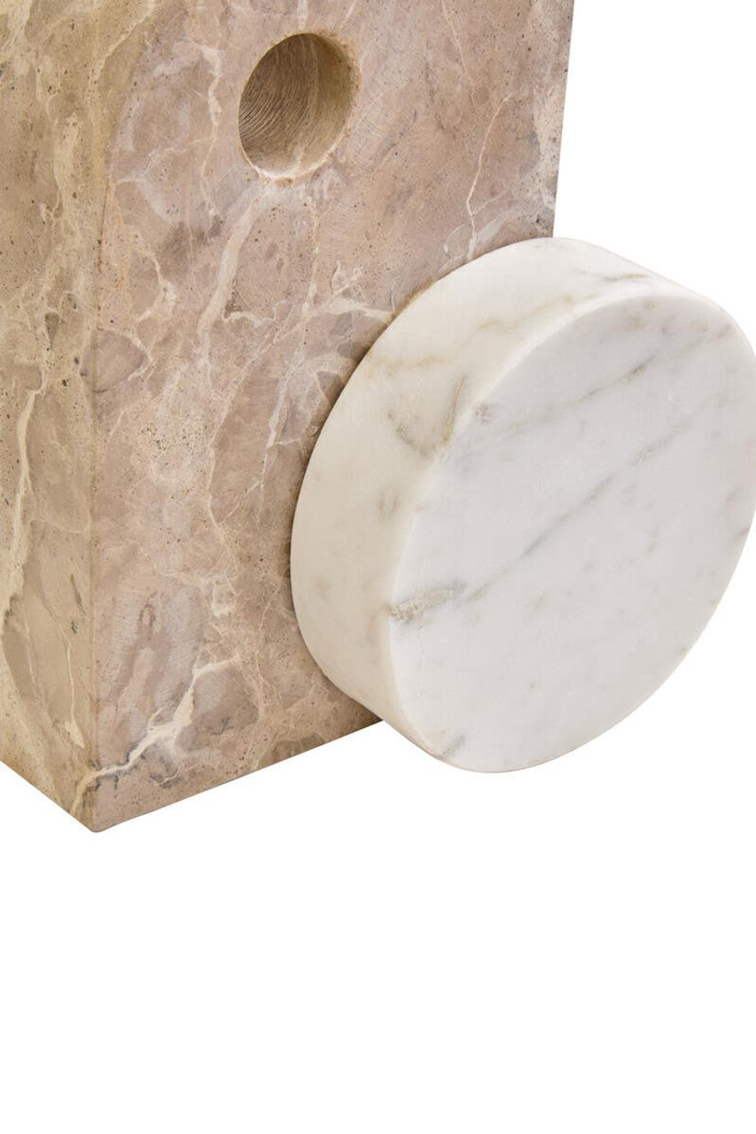 SANTINO Marble Sculpture with chocolate D-shaped marble form featuring a cut-out, anchored by a white round marble piece for a modern abstract decorative accent.