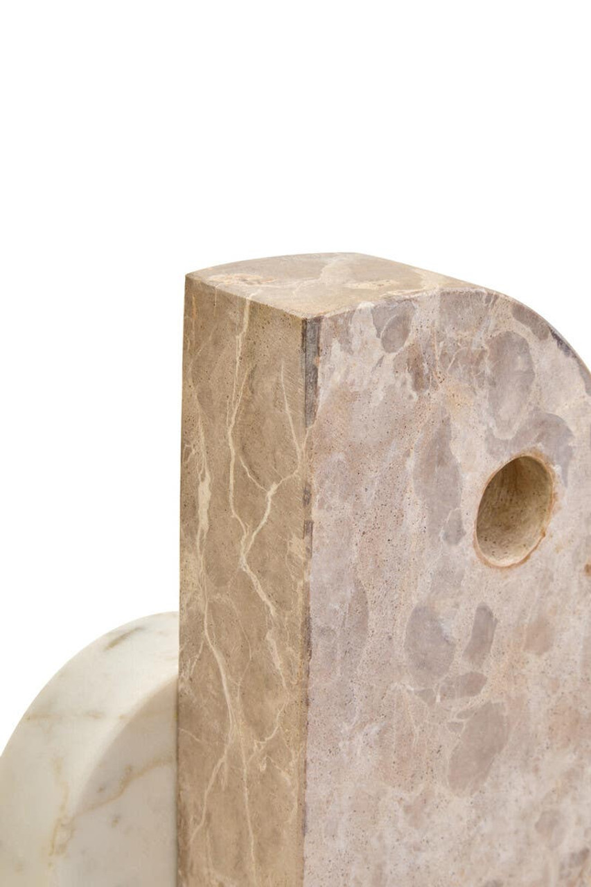 SANTINO Marble Sculpture with chocolate D-shaped marble form featuring a cut-out, anchored by a white round marble piece for a modern abstract decorative accent.