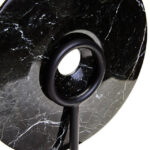 ROMEO Small Round Sculpture – black marble disc with natural veining on black metal stand, modern decorative accent.