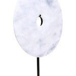 ZORO Large White Marble Disk Sculpture – polished white marble disc with natural veining on black metal stand, modern decorative centerpiece.