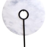 ZORO Large White Marble Disk Sculpture – polished white marble disc with natural veining on black metal stand, modern decorative centerpiece.