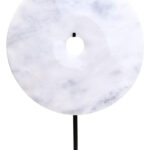 ZORO Large White Marble Disk Sculpture – polished white marble disc with natural veining on black metal stand, modern decorative centerpiece.