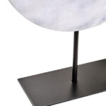 ZORO Large White Marble Disk Sculpture – polished white marble disc with natural veining on black metal stand, modern decorative centerpiece.