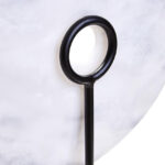 ZORO Large White Marble Disk Sculpture – polished white marble disc with natural veining on black metal stand, modern decorative centerpiece.