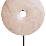 NAVIS Beige Marble Sculpture – Medium size polished cream marble disc with natural veining on black metal stand.