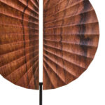 SOREL Brown Wooden Sculpture – handcrafted carved wood disc with radiating segments mounted on black metal base.