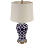 PALOMA Table Lamp with white ceramic base featuring blue quatrefoil motifs, gold metal base and finial, and soft linen shade for elegant ambient lighting.