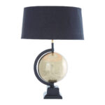 VAULT Brass Globe Table Lamp with matte antique brass rotating globe, tiered square black pedestal base, and black fabric tapered shade.