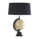 VAULT Brass Globe Table Lamp with matte antique brass rotating globe, tiered square black pedestal base, and black fabric tapered shade.