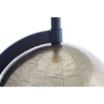 VAULT Brass Globe Table Lamp with matte antique brass rotating globe, tiered square black pedestal base, and black fabric tapered shade.