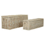 CADENZA White Wash Rattan Storage Trunks set of 2, rectangular woven rattan trunks with matching lids and metallic hinges, rustic storage boxes with whitewashed finish.