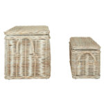 CADENZA White Wash Rattan Storage Trunks set of 2, rectangular woven rattan trunks with matching lids and metallic hinges, rustic storage boxes with whitewashed finish.