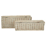 CADENZA White Wash Rattan Storage Trunks set of 2, rectangular woven rattan trunks with matching lids and metallic hinges, rustic storage boxes with whitewashed finish.